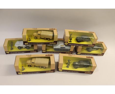 A variety of boxed die cast Military models including 235 Simca Unic, Sherman M4 Tank, Destroyer M10, Tiger I, Dodge Ambulanc