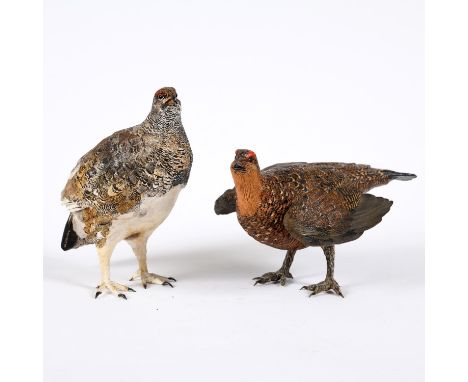 Two large painted terracotta figures of a male and female Grouse, both signed underneath 'Sylvestrie'. 23cms high and 16.5cms