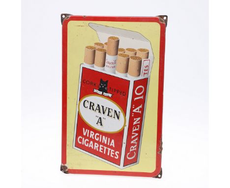 A vintage enamel sign for 'Craven A Virginia Cigarettes, with holes for hanging on each corner. Marked on the back, 'Langcat,