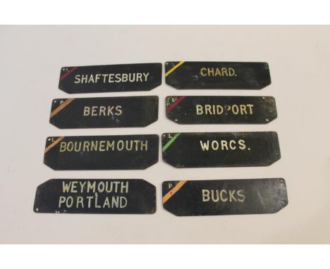 A collection of 39 metal destination signs, each 21.5cm X 6cm. Including Lyme Regis, Beaminster, Bridport, Lyme Regis, Weymou