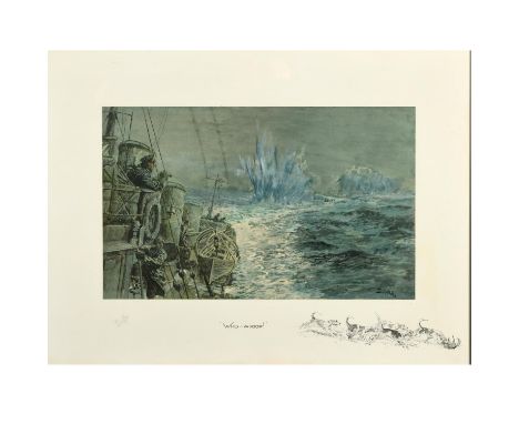 Colour reproduction, finished by hand, laid down onto support sheet, with printed remarque, signed in pencil 29 x 47.5cm.  *C