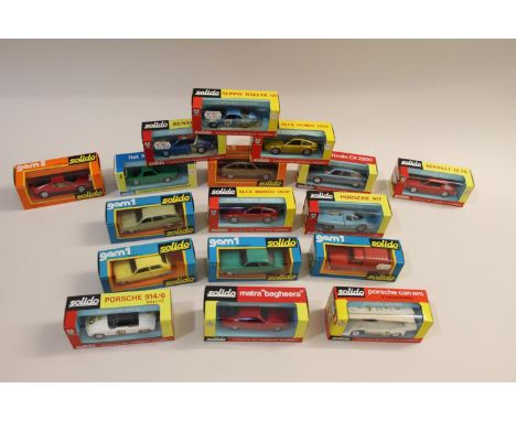 17 boxed Solido boxed cars, including 181 Alpine Rallye, 36 Porsche 914, 21 Matra Bagheera, 37 Renault 17, 183 Alfa Romeo Zag