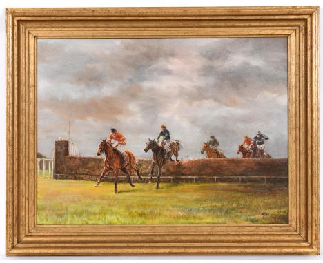 A large oil on canvas of various horses and jockey's jumping a fence, the painting titled to the reverse 'United Hunts Open C