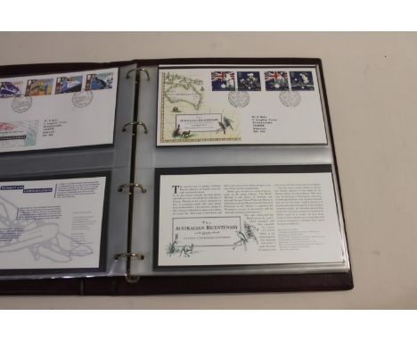 Nine albums with various first day covers, including The Australian Bicentenary, Jersey D-Day, USA (Military), Seychelles (in