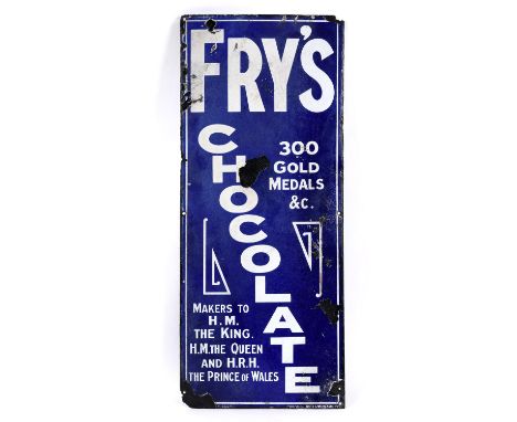 A large rectangular shaped sign for 'Fry's Chocolate, 300 Gold Medals, Makers to HM The King, HM The Queen and H.R.H The Prin