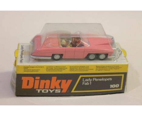 Model No 100, Lady Penelope's Fab 1, in a bubble packed box.  *CR:  Generally seems fine, box is a little squashed in places.