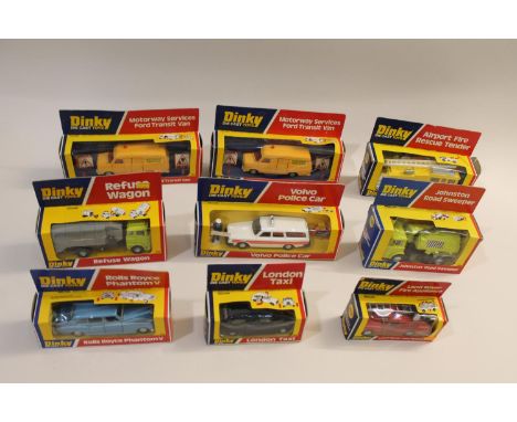 Various boxed die cast models including 449 Johnston Road Sweeper, 978 Refuse Wagon, 417 Motorway Services (x2), 226 Ferrari,