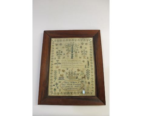 A large sampler embroidered with Adam &amp; Eve and the tree of life, with a prayer above a ship and various animals, trees a