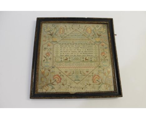 A detailed sampler, the central section embroidered with letters and numbers, a religious prose and animals and flowers. Mark