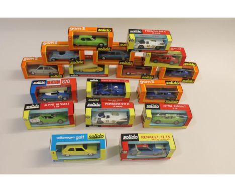 17 boxed Solido cars, including 192b Alpine, 39 Simca, 41 Alfa Romeo, 30 Renault 30, 184 Citreon SM, 198 Porsche 917, and var