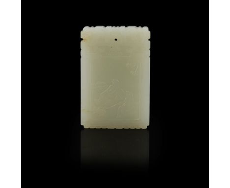 CARVED CELADON JADE PLAQUEWEN WAN MARK one side carved with two scholars seated at leisure on a rock terrace, the other side 