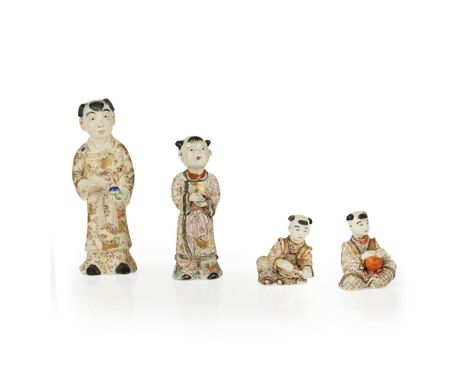 GROUP OF FOUR SATSUMA FIGURES OF BOYSATTRIBUTED TO CHIN JUKAN, MEIJI PERIOD two shown standing and holding a fruit, the third