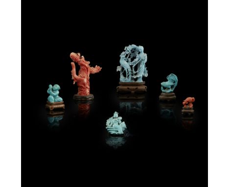 GROUP OF FOUR TURQUOISE CARVINGS AND TWO CORAL CARVINGSEARLY/MID 20TH CENTURY comprising: a coral figure of a female immortal