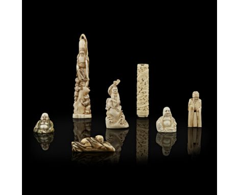 COLLECTION OF SEVEN IVORY CARVINGSMEIJI PERIOD comprising: an okimono of Fukurokuju and two boys, signed Koichi within a red-