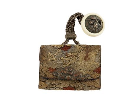 CREWEL TOBACCO POUCH WITH A KAGAMIBUTA-NETSUKE, TABAKO-IREMEIJI PERIOD worked in polychrome threads with a dragon chasing the