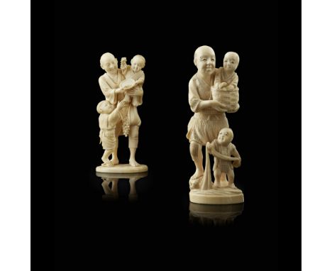 TWO CARVED IVORY OKIMONOMEIJI PERIOD the first depicting a fisherman and two boys, one of the boys seated in his creel whilst