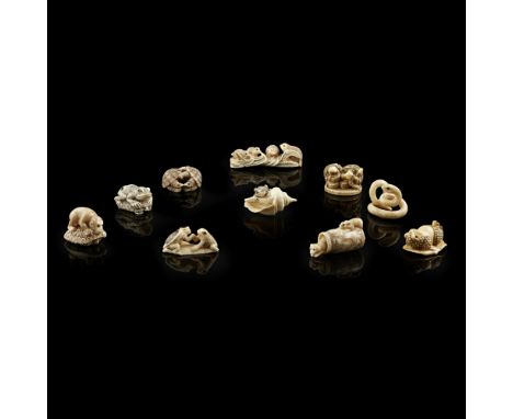 GROUP OF TEN NETSUKEMEIJI PERIOD comprising: a cobra, signed Shozan; two toads on a lotus leaf, signed Shozan; two turtles at