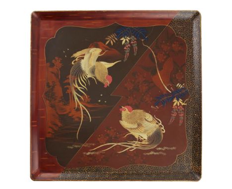 LACQUER 'COCKEREL' SQUARE TRAYMEIJI PERIOD divided diagonally into two panels, each decorated in gold, red, black, grey and b