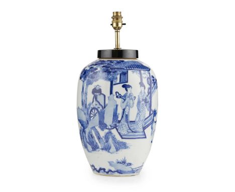 BLUE AND WHITE 'ELOPEMENT OF HONG FU' OVOID JARQING DYNASTY, 19TH CENTURY the exterior painted with a continuous scene of Hon