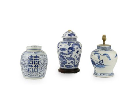 BLUE AND WHITE BALUSTER JAR CONVERTED INTO A LAMPKANGXI MARK BUT 19TH CENTURY painted with three scholars and a young attenda