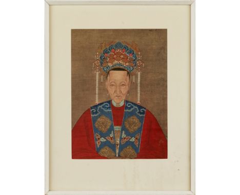 TWO ANCESTOR PORTRAITSLATE QING DYNASTY ink and colour on silk, the first depicting an elderly lady wearing a jewelled headdr