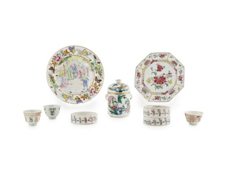 COLLECTION OF MISCELLANEOUS FAMILLE ROSE PORCELAIN19TH/20TH CENTURY comprising: two famille rose 'boys' circular boxes, one m