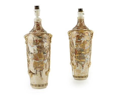 PAIR OF SATSUMA MORIAGE VASES CONVERTED INTO LAMPSMEIJI PERIOD each of elongated tapering ovoid form, painted and gilt in typ