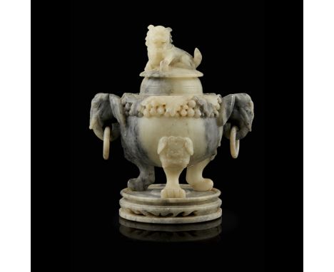 CARVED SOAPSTONE TRIPOD CENSER AND STANDEARLY/MID 20TH CENTURY the censer carved with a pair of elephant-head handles suspend