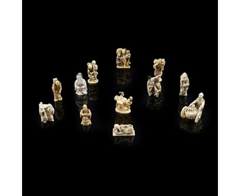 COLLECTION OF TWELVE CARVED IVORY NETSUKEMEIJI PERIOD comprising: a man pushing a boy and a puppy in a cart, signature illegi