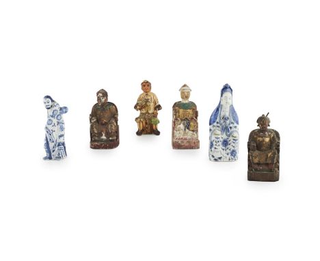 TWO BLUE AND WHITE PORCELAIN FIGURESMEIJI PERIOD the first depicting seated Kannon, the second a Rakan; together with a POTTE