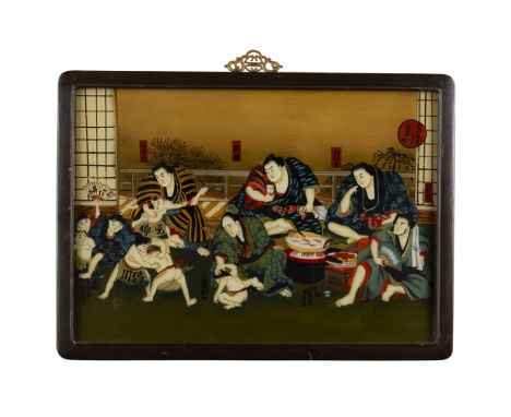 GROUP OF THREE GLASS PAINTINGSEARLY/MID 20TH CENTURY the first worked with three beauties in a landscape with Mount Fuji loom