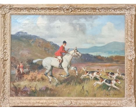 Reginald Mills (British 1896 - 1950), foxhunting scene , huntsman on grey with hounds, signed.  Oils on canvas.  60x44cm appr