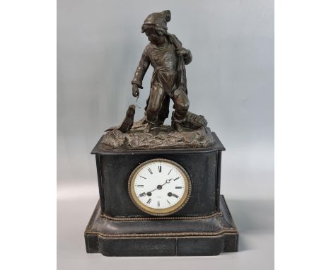 A French black slate mantle clock by Rollin of Paris, late 19th century with white enamel face, Roman numerals, with a bronze