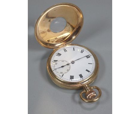 9ct gold half hunter keyless top wind pocket watch with white enamel face, having Roman numerals and seconds dial.  Swiss lev
