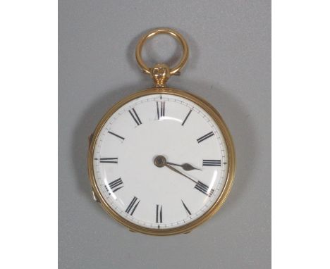 19th century 18ct gold open faced key wind pocket watch with white enamel face having Roman numerals.  The movement marked 'F