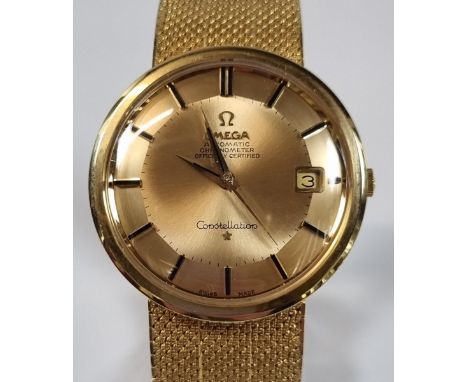 Omega 18ct gold gentleman's automatic Constellation chronometer bracelet wristwatch, having gold satin face with baton numera