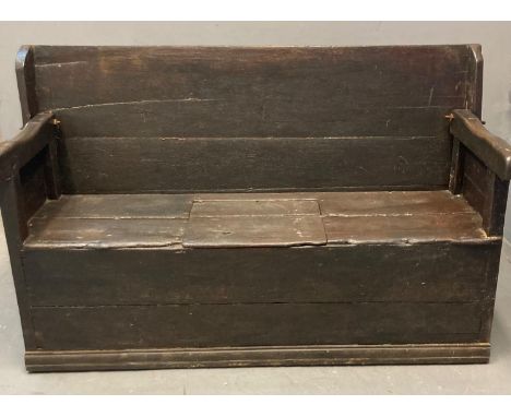 18th century oak Monk's bench/settle with shaped arms and boxed seat. 164x58x1014cm approx. (B.P. 21% + VAT)  No base, broken