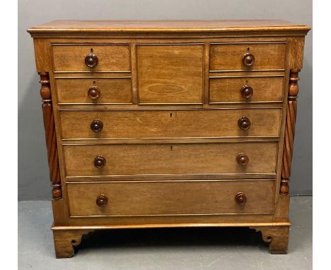 Victorian oak Scotch chest of drawers, the moulded top above an arrangement of three square cock beaded drawers and three lon