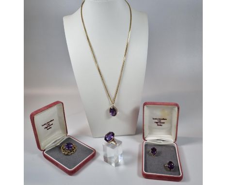 Collection of 9ct gold and amethyst jewellery to include: chain and pendant, pair of clip on earrings, brooch and ring (size 