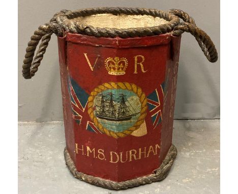 Unusual 19th century Naval wooden hand painted powder/cannon bin, of octagonal form with rope twist mount and handles. Marked