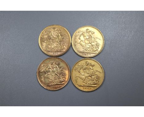 Three Victorian gold full Sovereigns dated 1899, 1900 and 1901, together with Edward VII gold full Sovereign dated 1902. (4) 