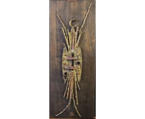 Berrell Elizabeth Jensen (South African, 1933 - 2015), Ritual Figure, abstract sculptural piece in bronze on wooden panel.  T