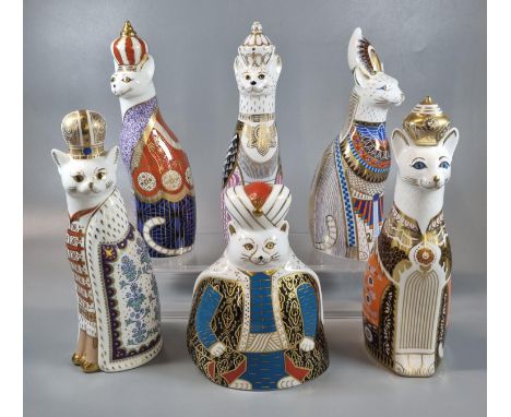 Set of six Royal Crown Derby English fine bone china 'Royal Cats' paperweights, to include: Russian, Burmese, Egyptian, Abyss