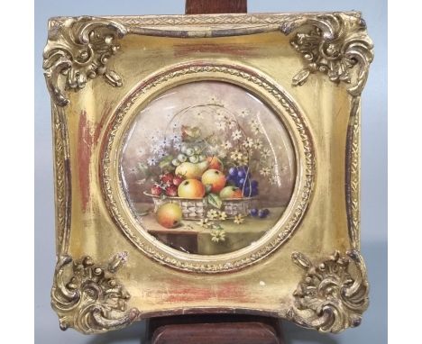 Royal Worcester porcelain circular plaque, hand painted with basket of fruit an flowers, signed 'R SEBRIGHT'. 11cm diameter a