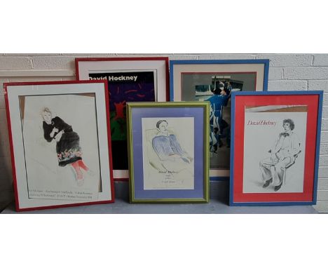 Group of David Hockney museum type posters, various including: three portraits, dancing couple and abstract. Framed. The post