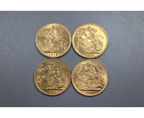 Four George V gold full Sovereigns dated 1915, 1916, 1917 and 1918. (4) (B.P. 21% + VAT)  Mint marks on sovereigns: 1915 no m