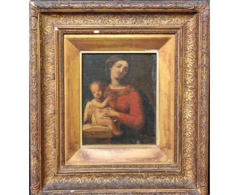 After the Old Master,(Italian school,17th century), Madonna and Child, oils on canvas.  29x24cm approx.  Heavy gilt frame and