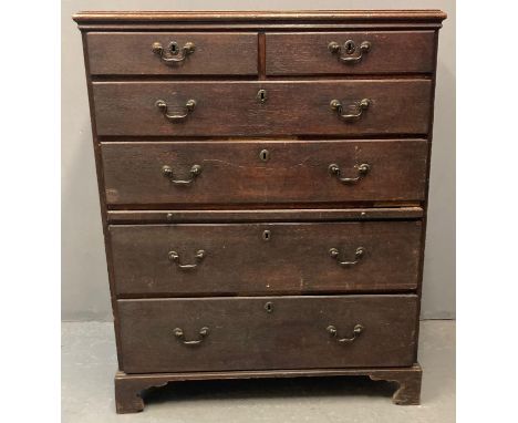 George III oak straight front chest of drawers, the moulded top above an arrangement of two short and two long drawers with c