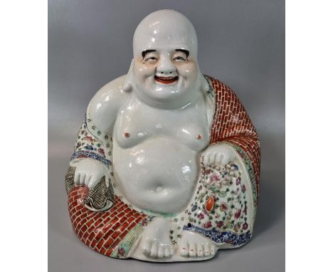 Chinese slip cast Porcelain Famille Rose seated laughing Buddha. Impressed four character seal mark in a double square to the