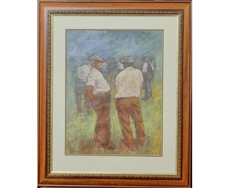 Aneurin M Jones (Welsh, 1930 - 2017), farmers in conversation at a sale, signed.  Acrylic.  50x39cm approx.  Modern glazed fr